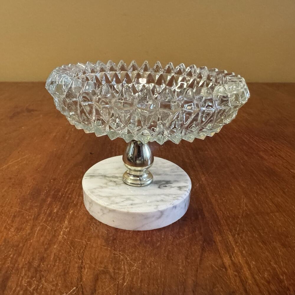 Vintage Hollywood Regency Crystal Compote Bowl Marble Base Italy 6”